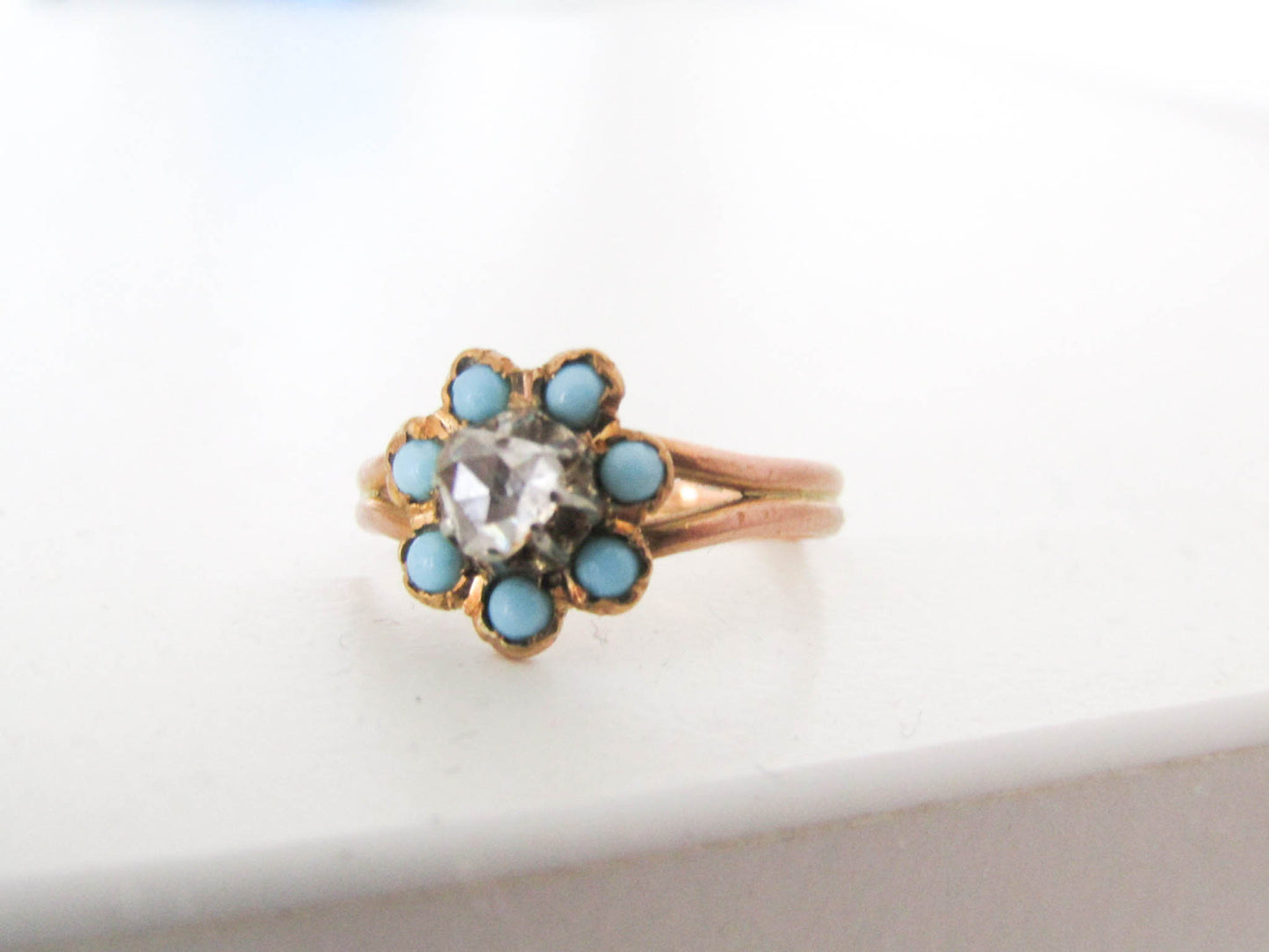 Victorian Heart Rose Cut Diamond and Turquoise 18k Ring, Antique French 1800s Floral Engagement Ring, Turquoise and Diamond Halo Ring