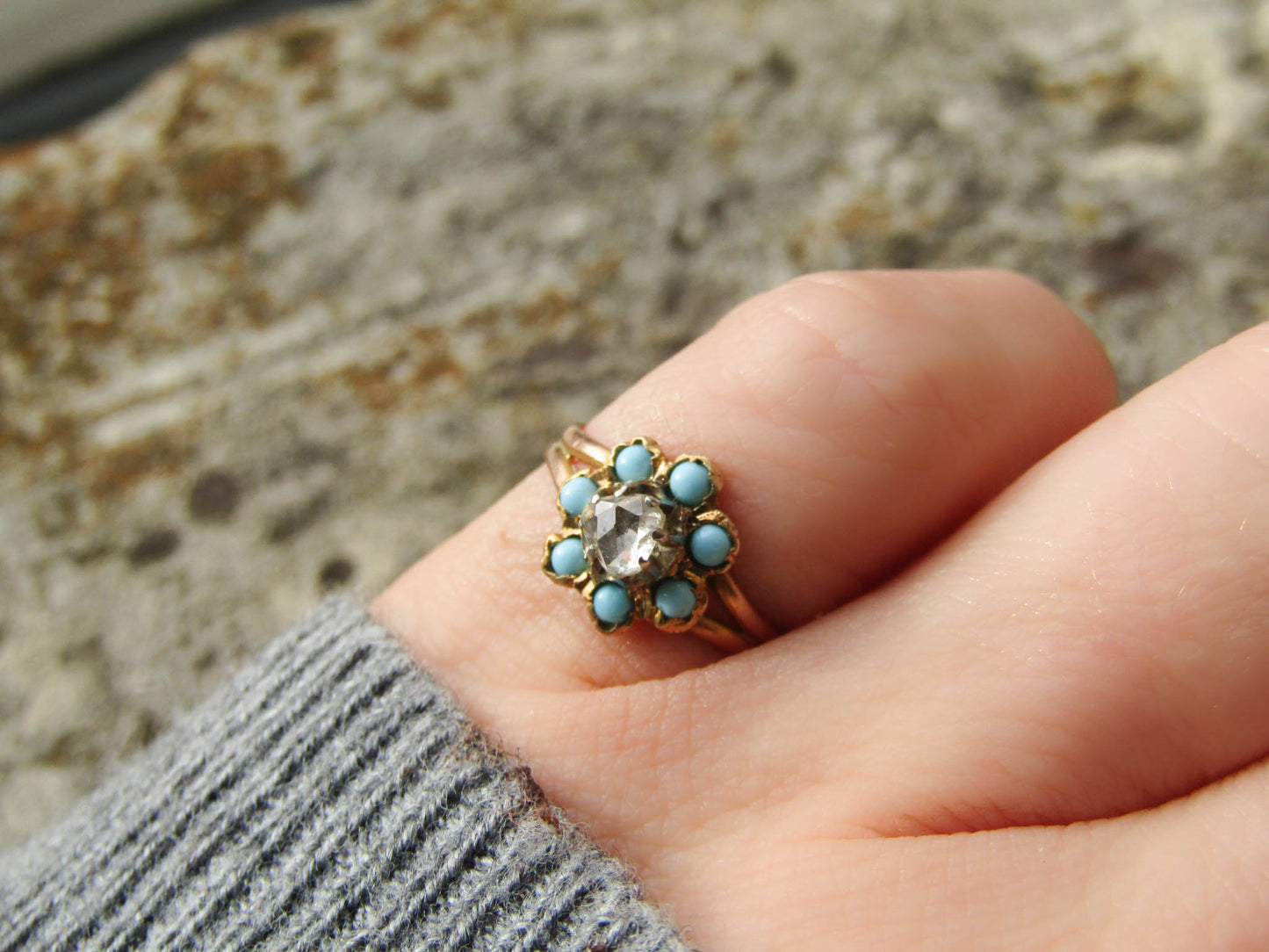 Victorian Heart Rose Cut Diamond and Turquoise 18k Ring, Antique French 1800s Floral Engagement Ring, Turquoise and Diamond Halo Ring