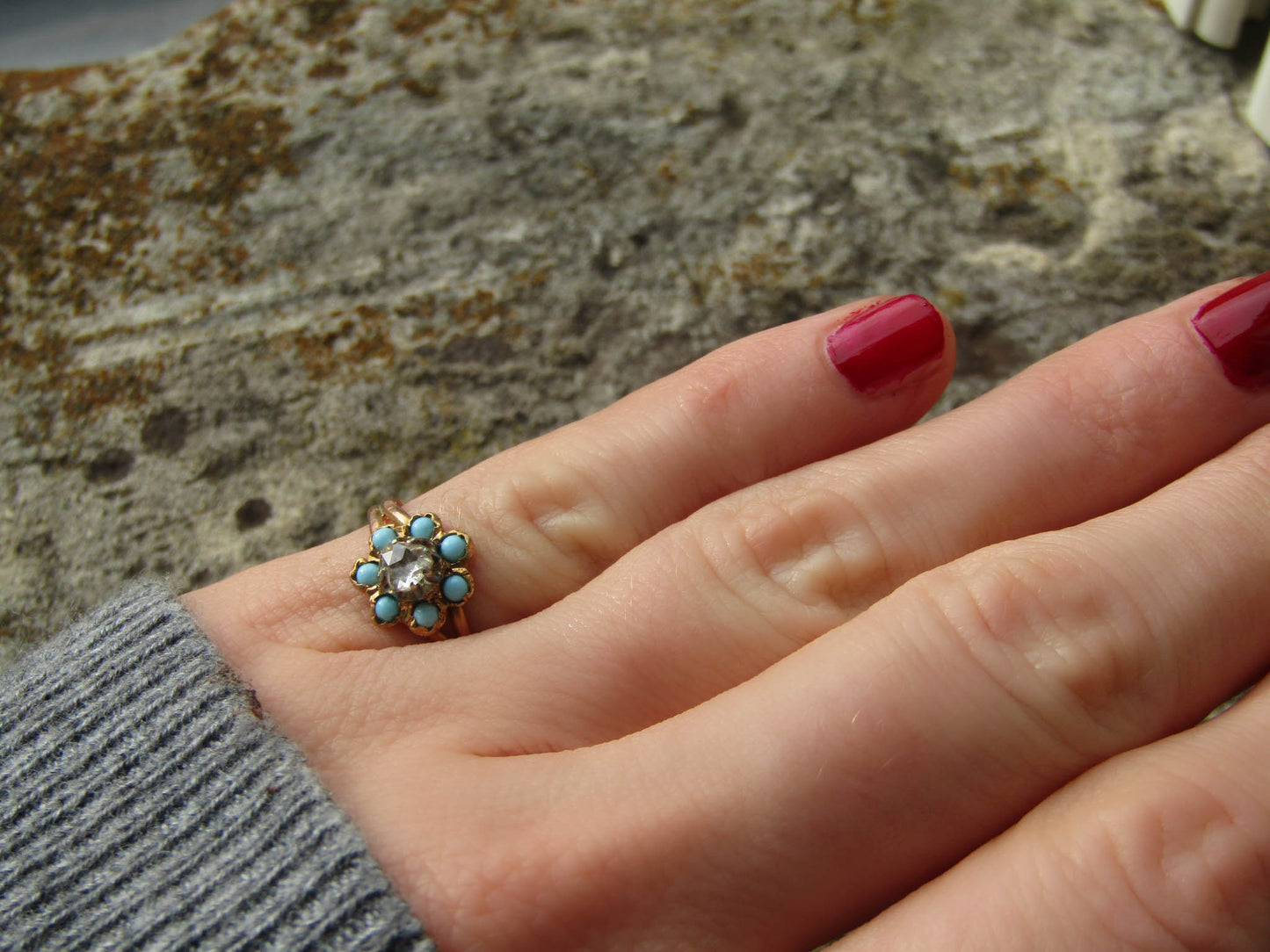 Victorian Heart Rose Cut Diamond and Turquoise 18k Ring, Antique French 1800s Floral Engagement Ring, Turquoise and Diamond Halo Ring