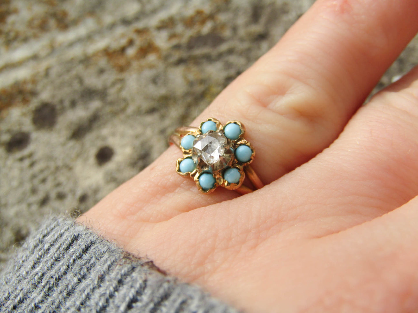 Victorian Heart Rose Cut Diamond and Turquoise 18k Ring, Antique French 1800s Floral Engagement Ring, Turquoise and Diamond Halo Ring