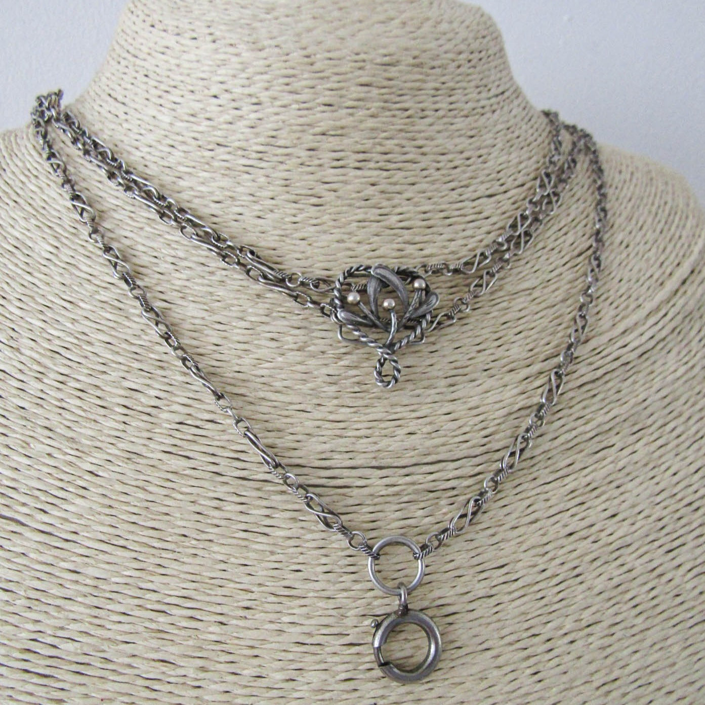 56" Silver Long Guard Chain with Slide, Victorian Fancy Chain with Mistletoe Vermeil Slide