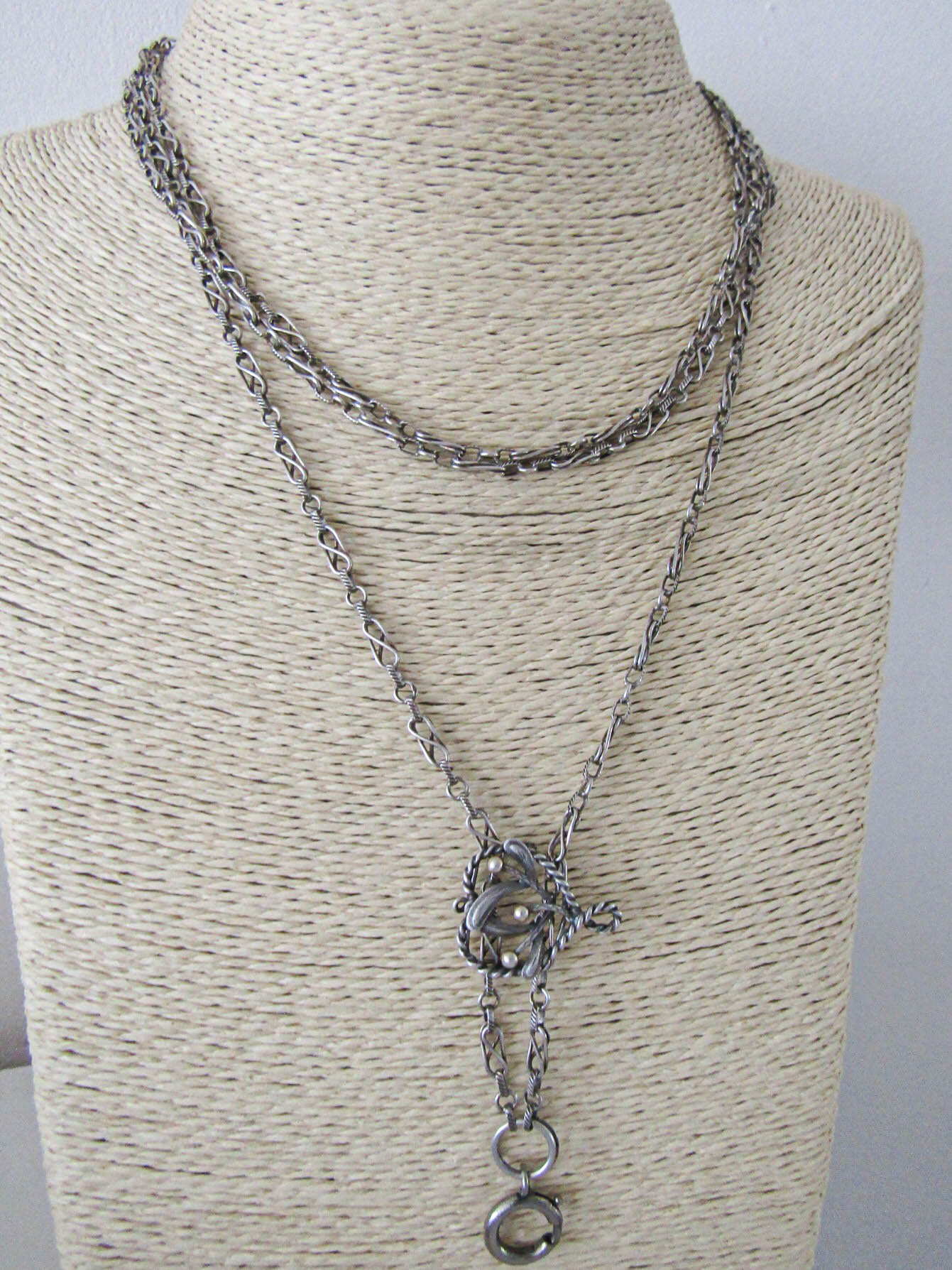 56" Silver Long Guard Chain with Slide, Victorian Fancy Chain with Mistletoe Vermeil Slide