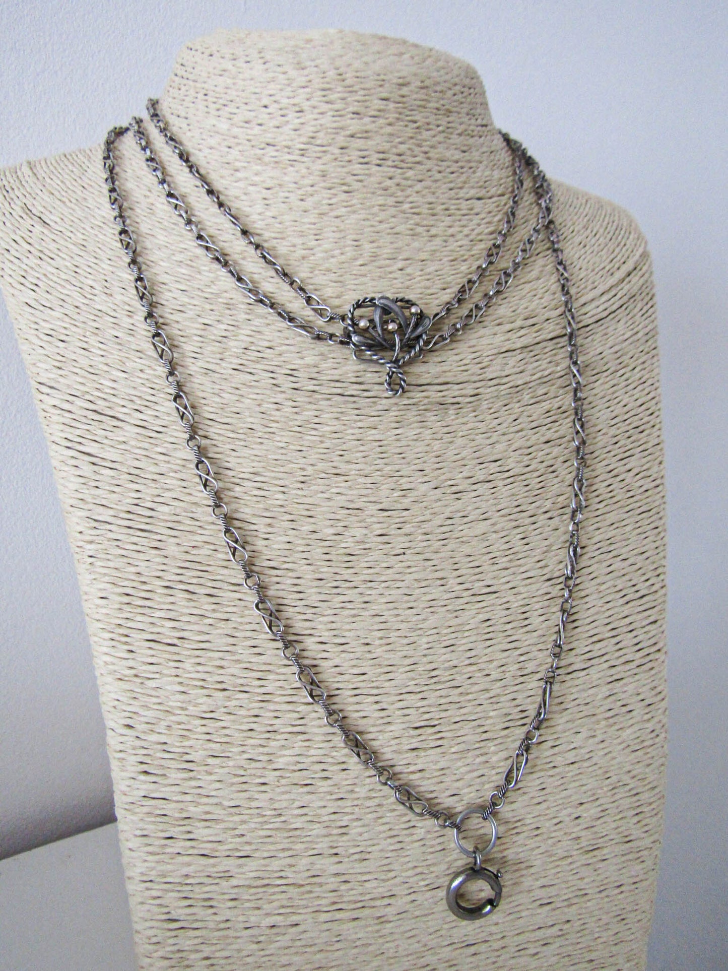 56" Silver Long Guard Chain with Slide, Victorian Fancy Chain with Mistletoe Vermeil Slide