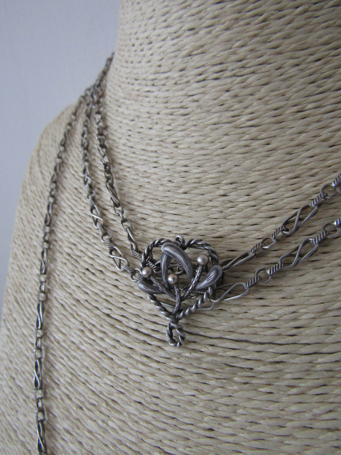 56" Silver Long Guard Chain with Slide, Victorian Fancy Chain with Mistletoe Vermeil Slide