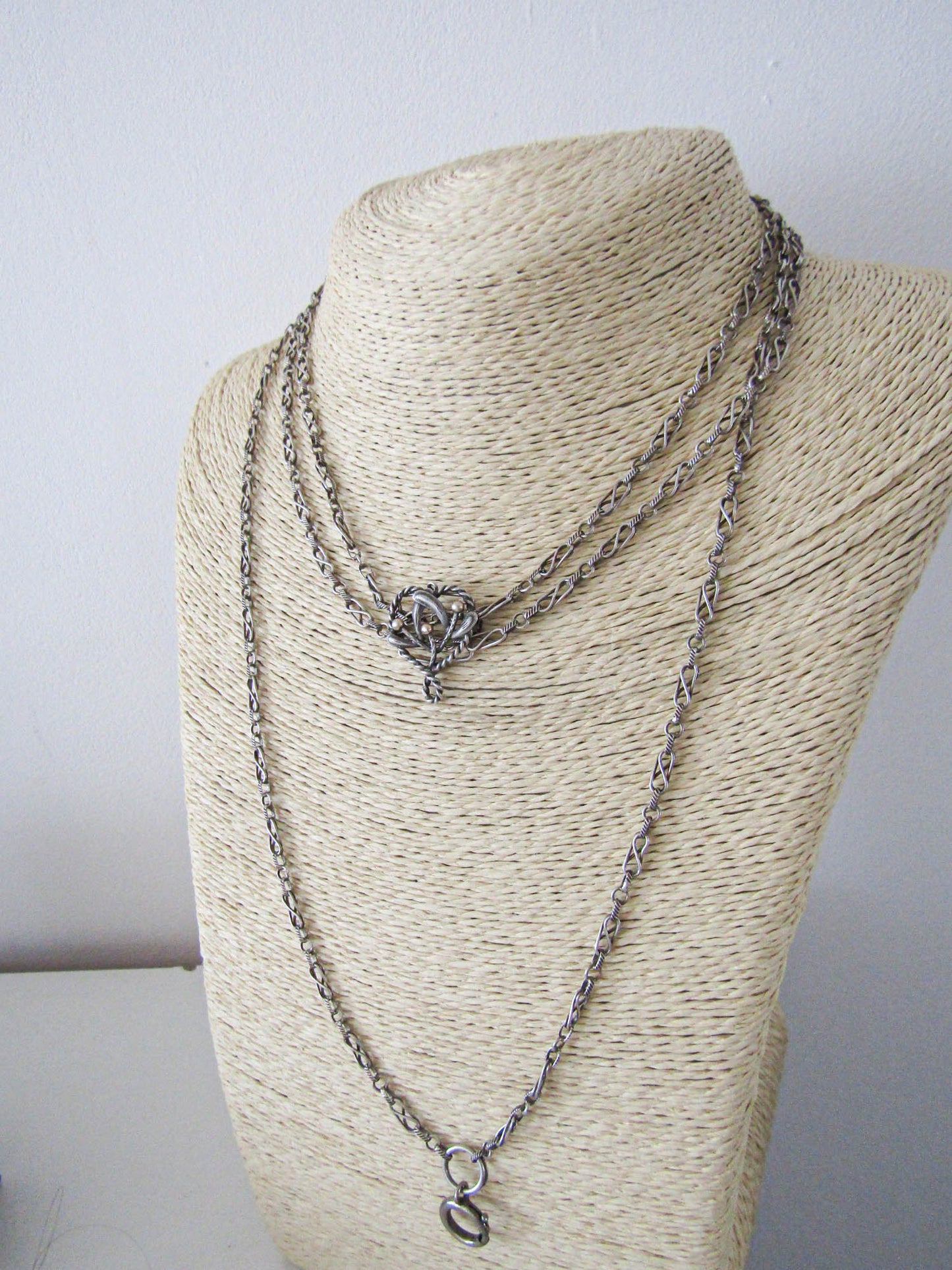 56" Silver Long Guard Chain with Slide, Victorian Fancy Chain with Mistletoe Vermeil Slide