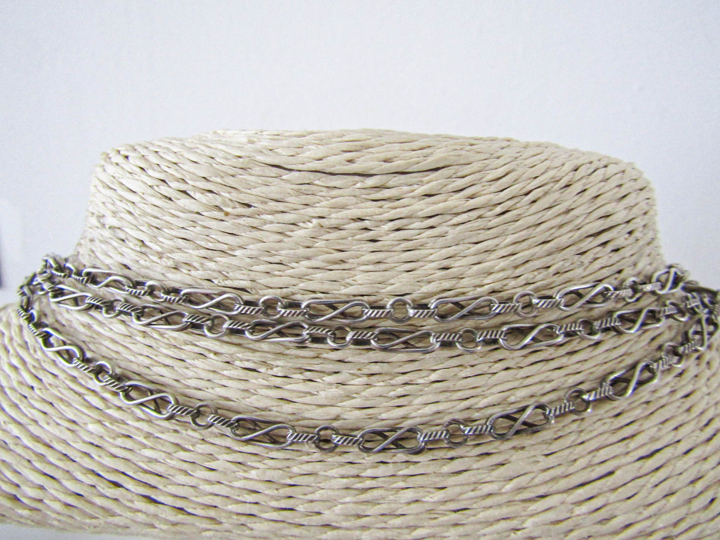 56" Silver Long Guard Chain with Slide, Victorian Fancy Chain with Mistletoe Vermeil Slide