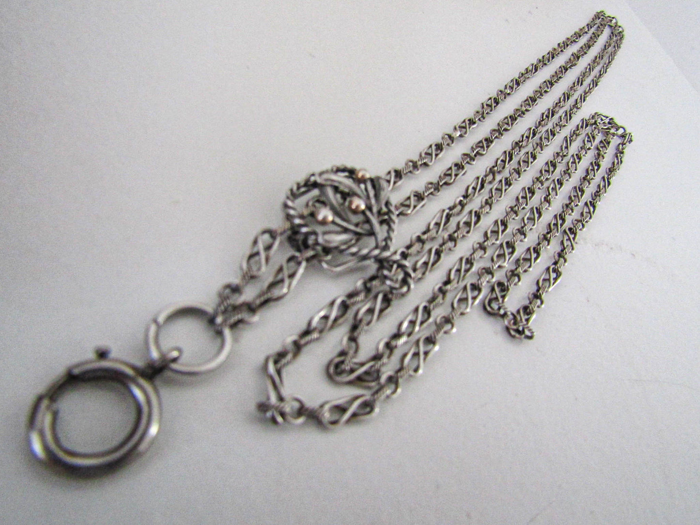 56" Silver Long Guard Chain with Slide, Victorian Fancy Chain with Mistletoe Vermeil Slide