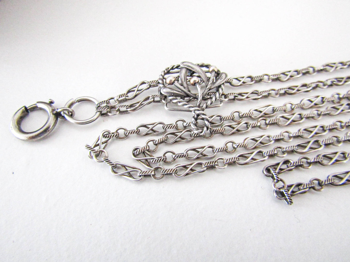 56" Silver Long Guard Chain with Slide, Victorian Fancy Chain with Mistletoe Vermeil Slide