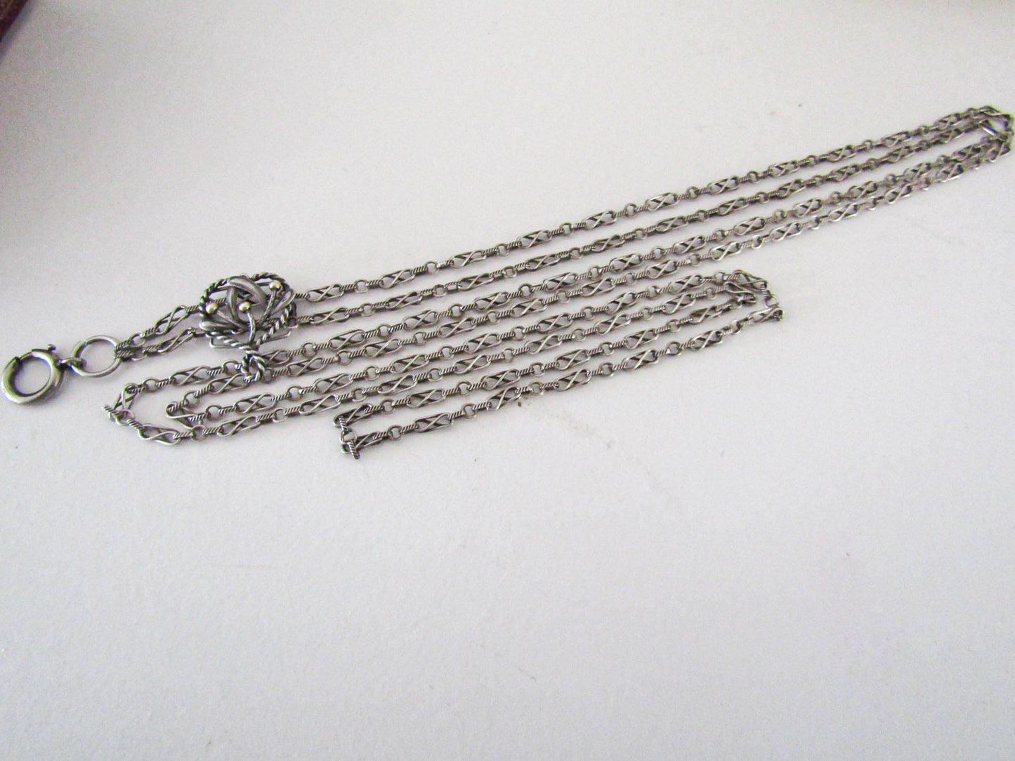 56" Silver Long Guard Chain with Slide, Victorian Fancy Chain with Mistletoe Vermeil Slide