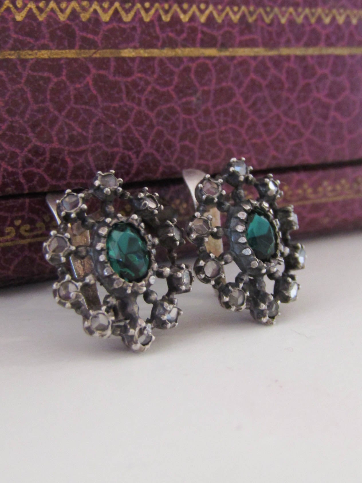 GEORGIAN Rose Cut Diamond and Emerald Paste Silver Earrings, Antique French Diamond Earrings c. 1820