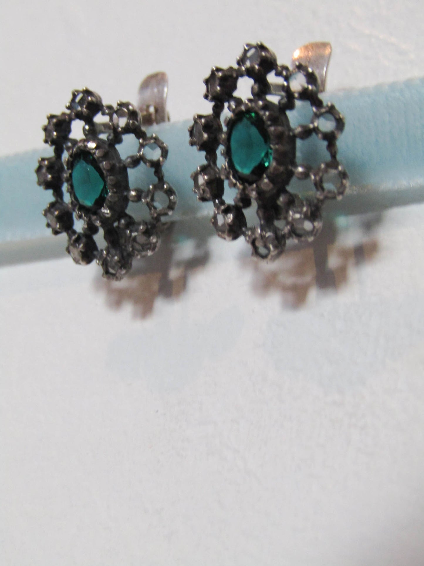 GEORGIAN Rose Cut Diamond and Emerald Paste Silver Earrings, Antique French Diamond Earrings c. 1820