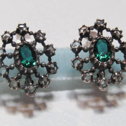 GEORGIAN Rose Cut Diamond and Emerald Paste Silver Earrings, Antique French Diamond Earrings c. 1820