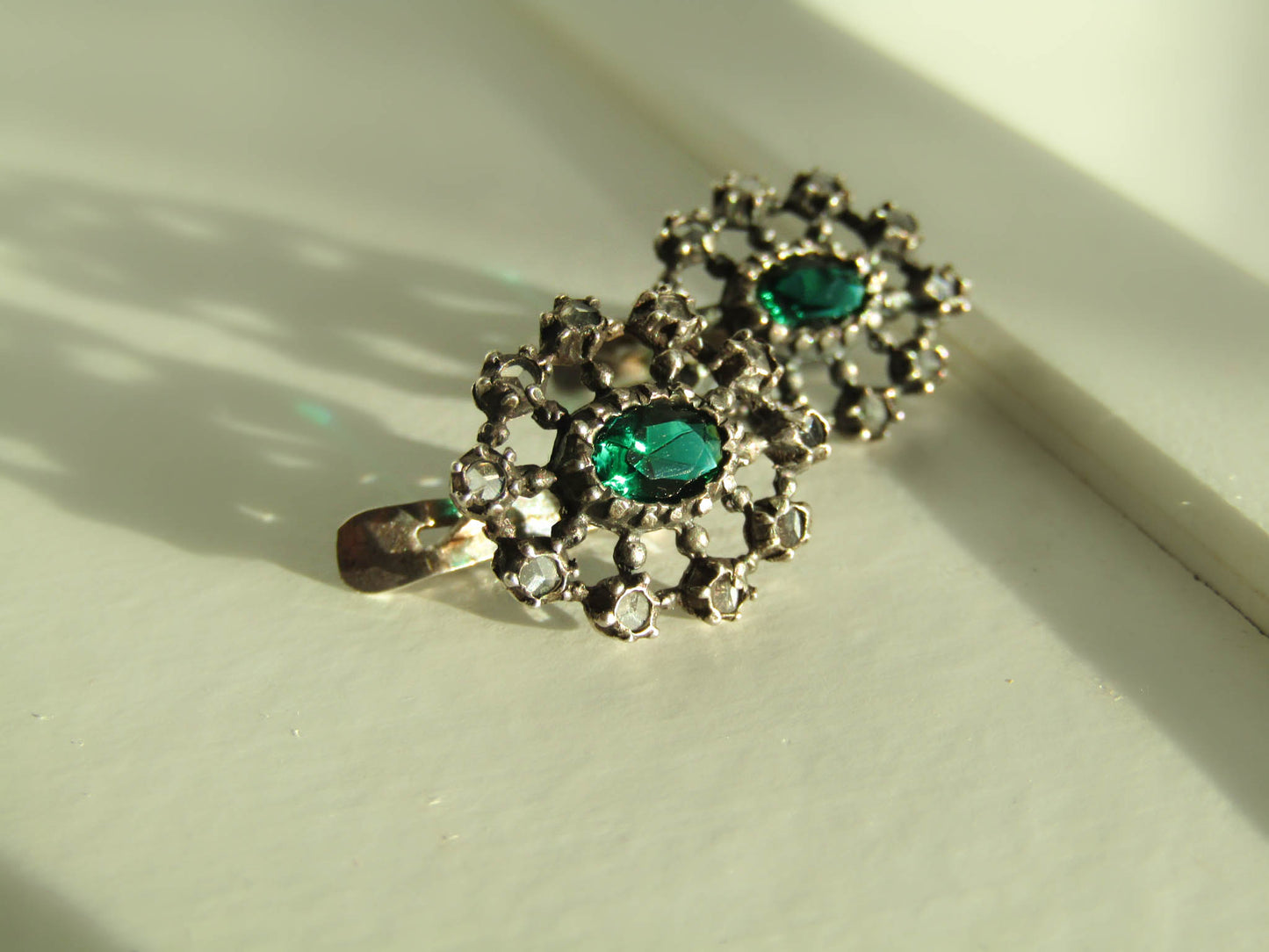 GEORGIAN Rose Cut Diamond and Emerald Paste Silver Earrings, Antique French Diamond Earrings c. 1820