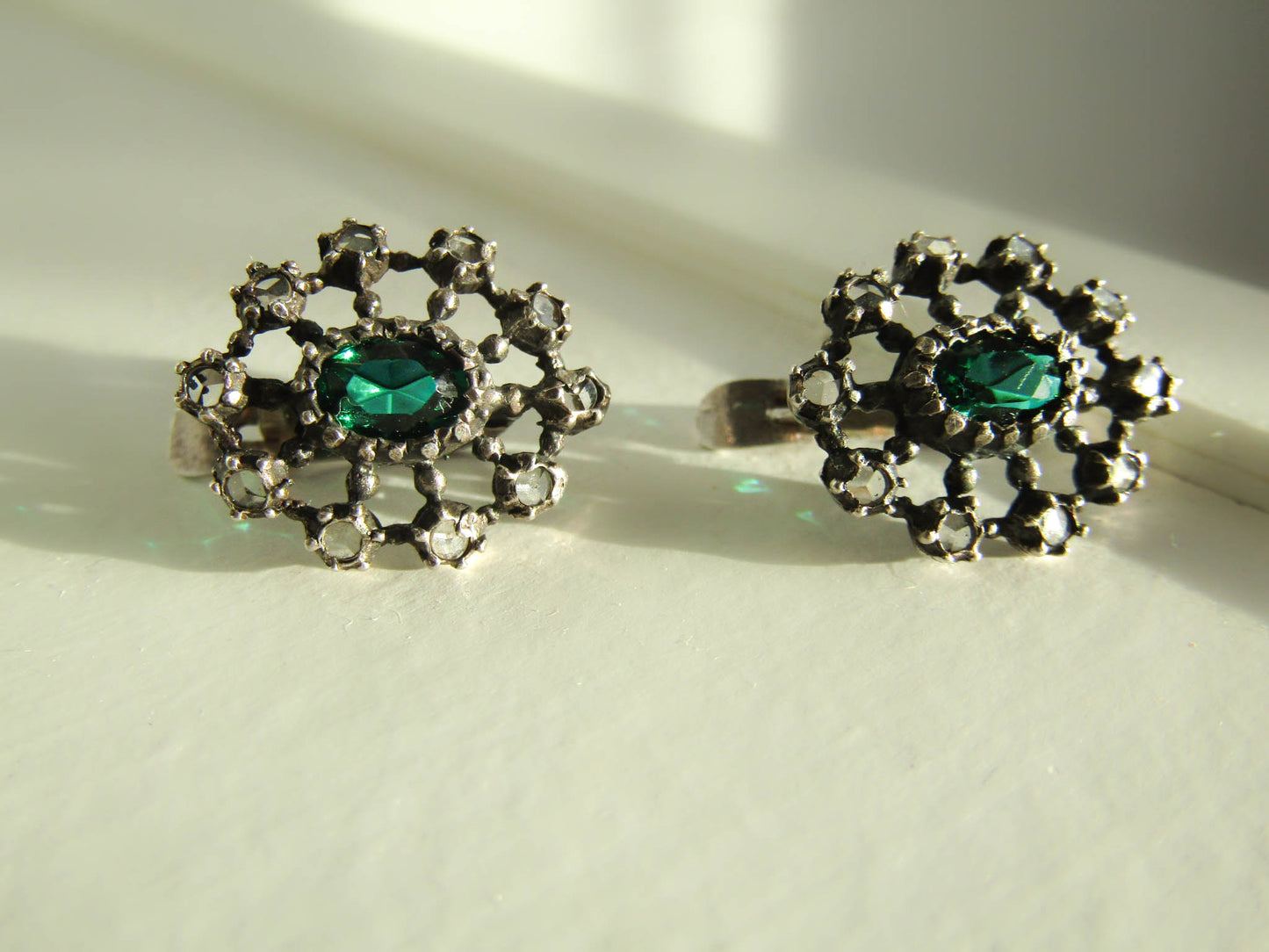 GEORGIAN Rose Cut Diamond and Emerald Paste Silver Earrings, Antique French Diamond Earrings c. 1820