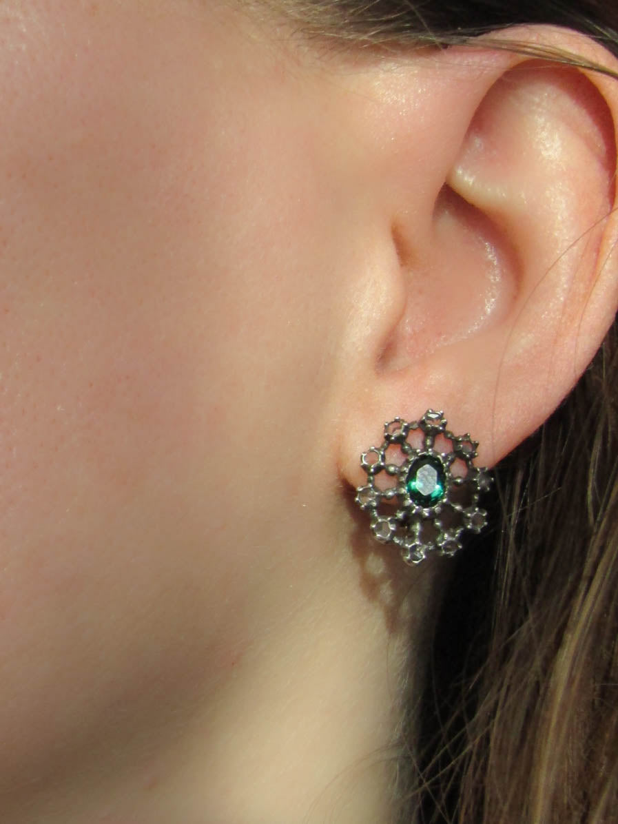 GEORGIAN Rose Cut Diamond and Emerald Paste Silver Earrings, Antique French Diamond Earrings c. 1820