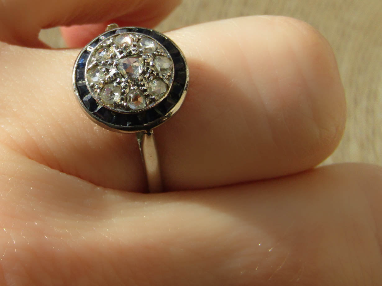 18K Art Deco Rose Cut Diamond and Sapphire Halo Ring, Antique French White Gold Antique Ring with Diamonds and Sapphires c. 1920