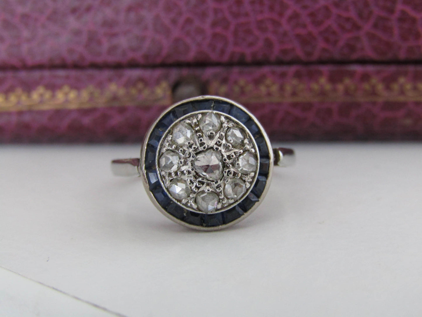 18K Art Deco Rose Cut Diamond and Sapphire Halo Ring, Antique French White Gold Antique Ring with Diamonds and Sapphires c. 1920