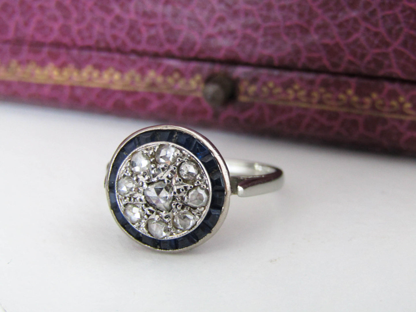 18K Art Deco Rose Cut Diamond and Sapphire Halo Ring, Antique French White Gold Antique Ring with Diamonds and Sapphires c. 1920