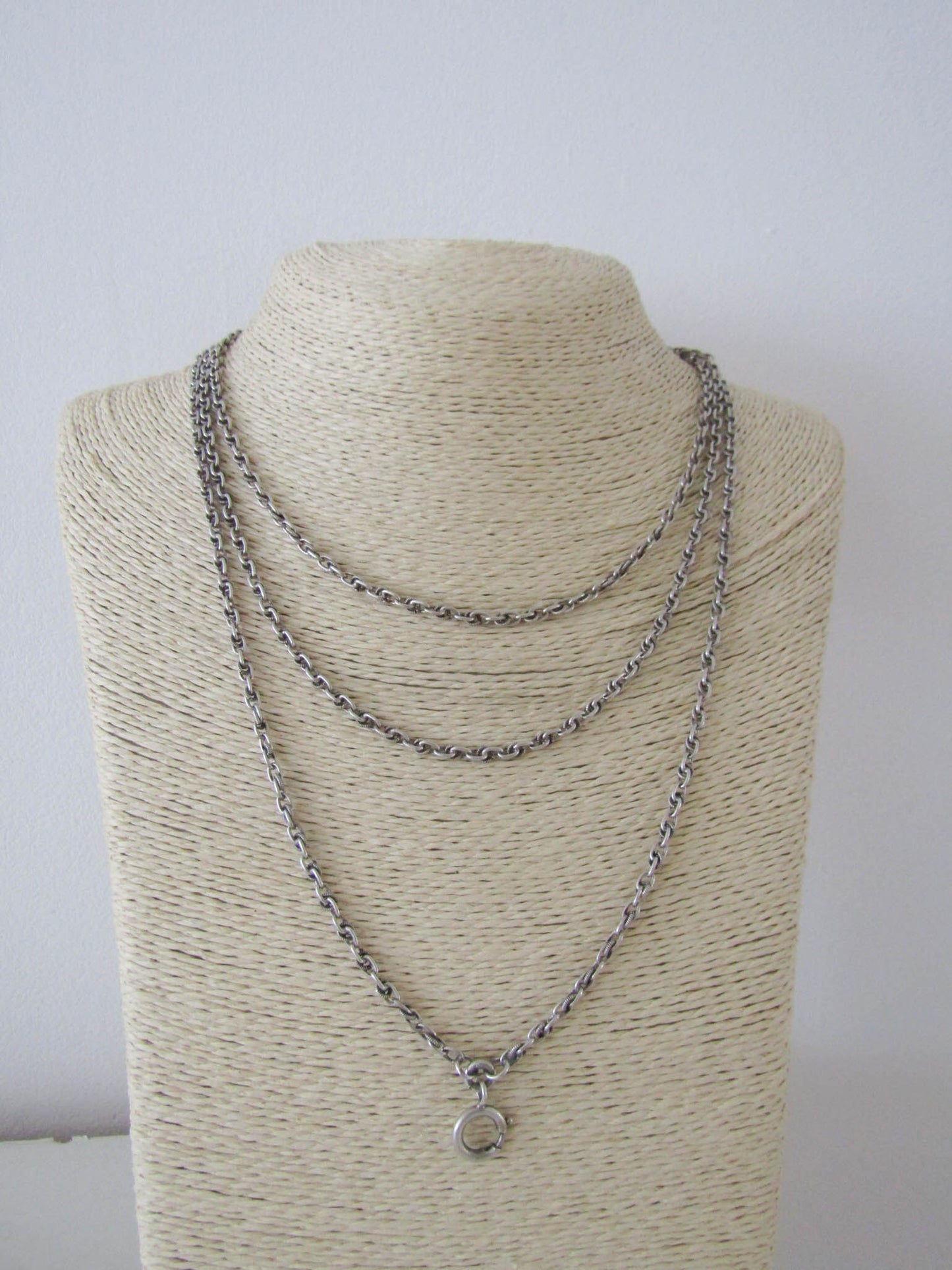 56" Silver Long Guard Chain with Hanging Bolt Ring, Antique French Muff Chain