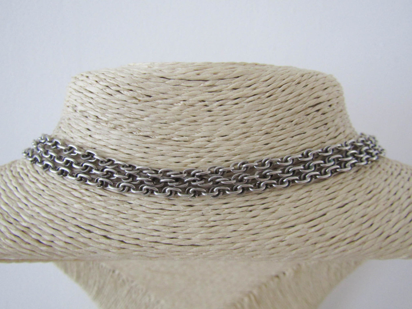 56" Silver Long Guard Chain with Hanging Bolt Ring, Antique French Muff Chain