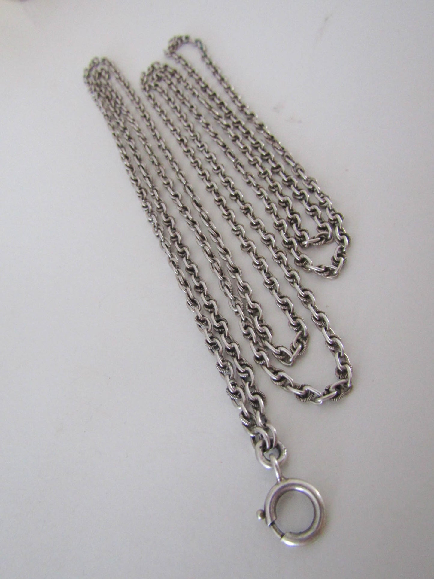 56" Silver Long Guard Chain with Hanging Bolt Ring, Antique French Muff Chain