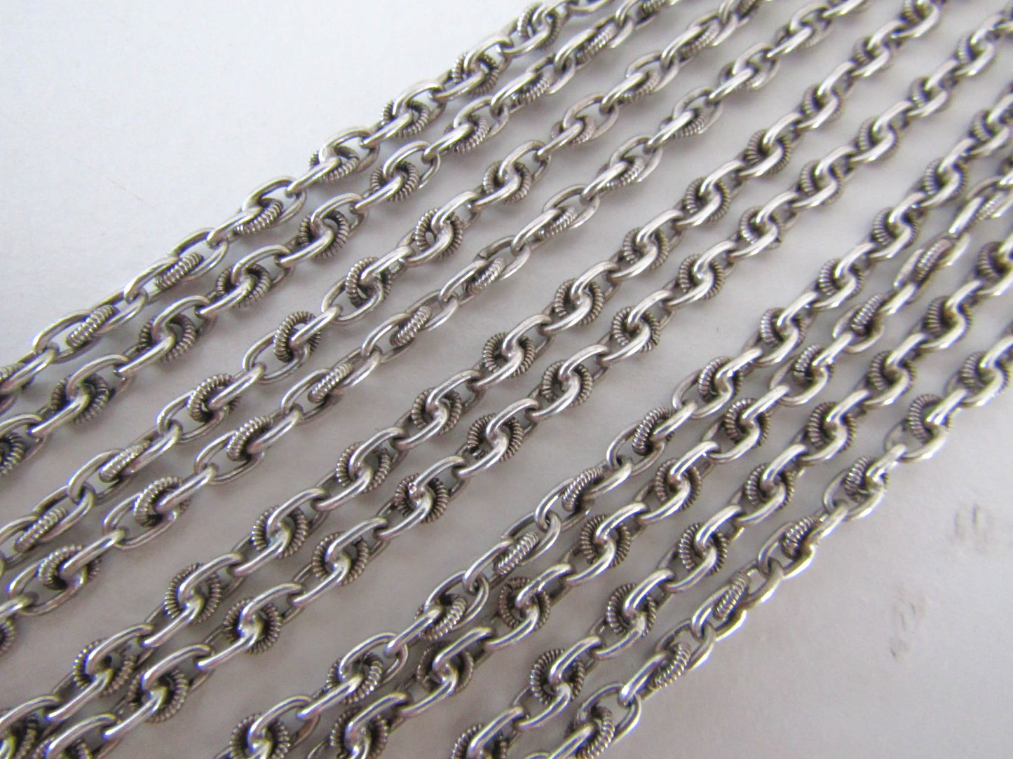 56" Silver Long Guard Chain with Hanging Bolt Ring, Antique French Muff Chain
