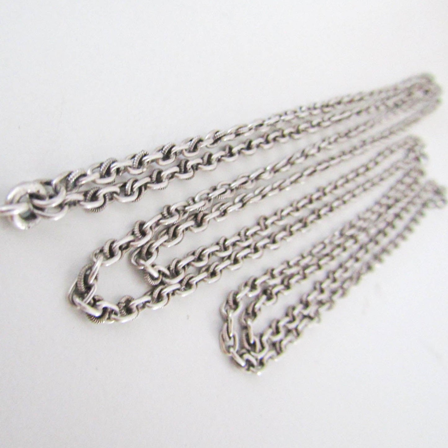 56" Silver Long Guard Chain with Hanging Bolt Ring, Antique French Muff Chain