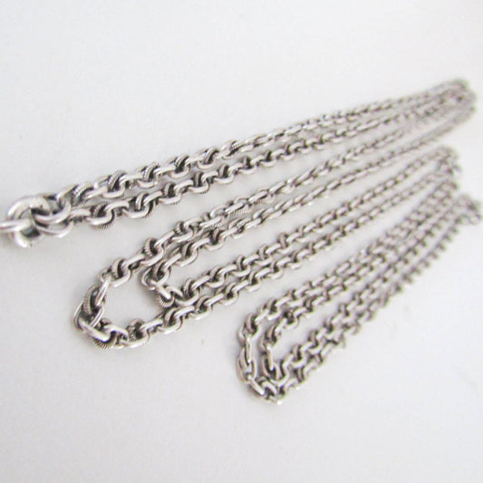 56" Silver Long Guard Chain with Hanging Bolt Ring, Antique French Muff Chain