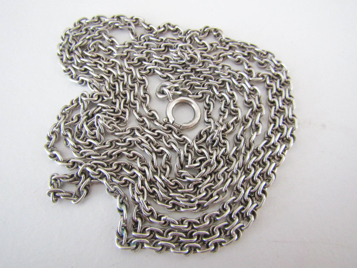 56" Silver Long Guard Chain with Hanging Bolt Ring, Antique French Muff Chain