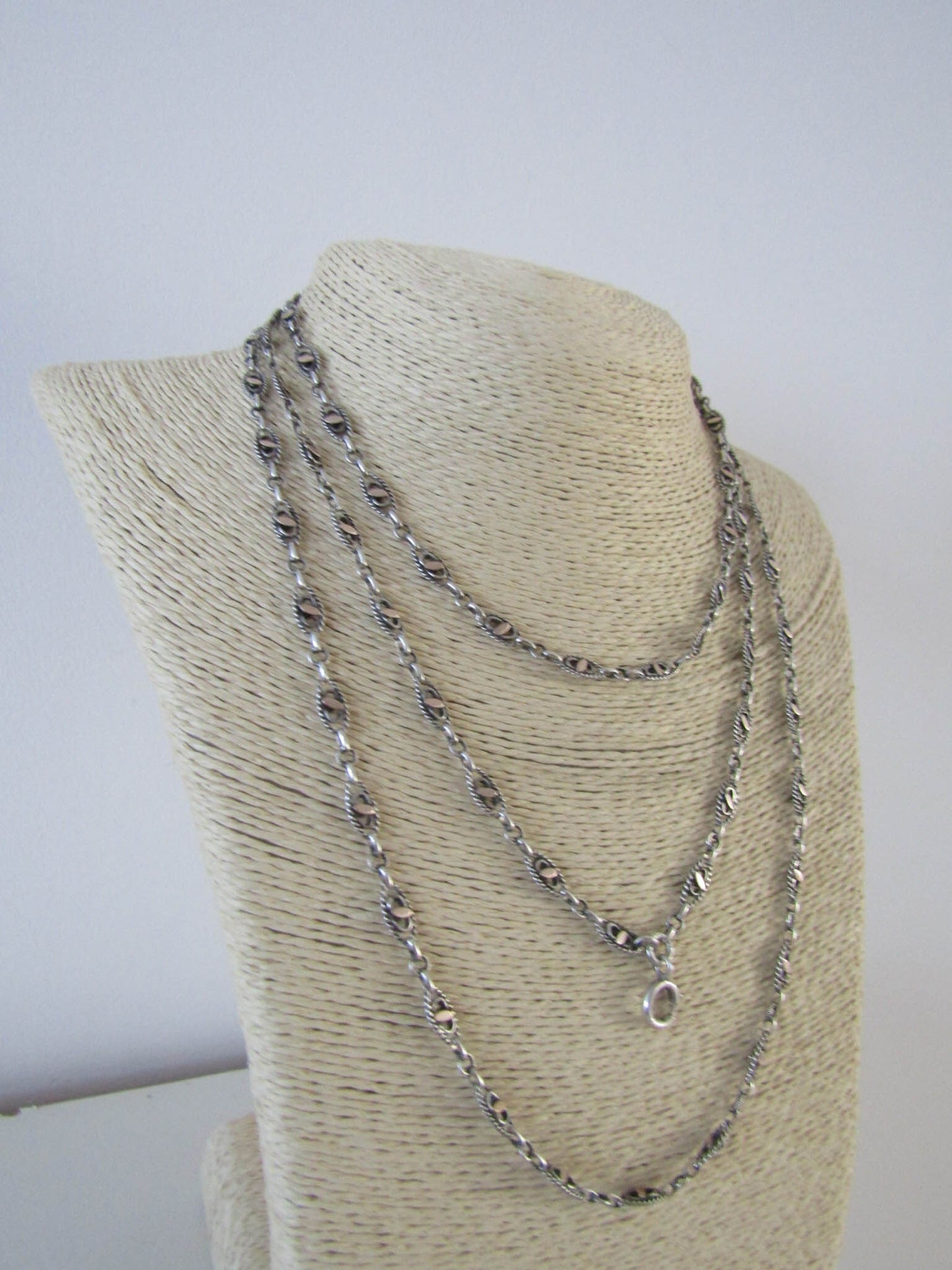 Victorian Silver and Vermeil Long Guard Chain with Hanging Bolt Ring, Antique XIX Century French Muff Chain, Gift for her