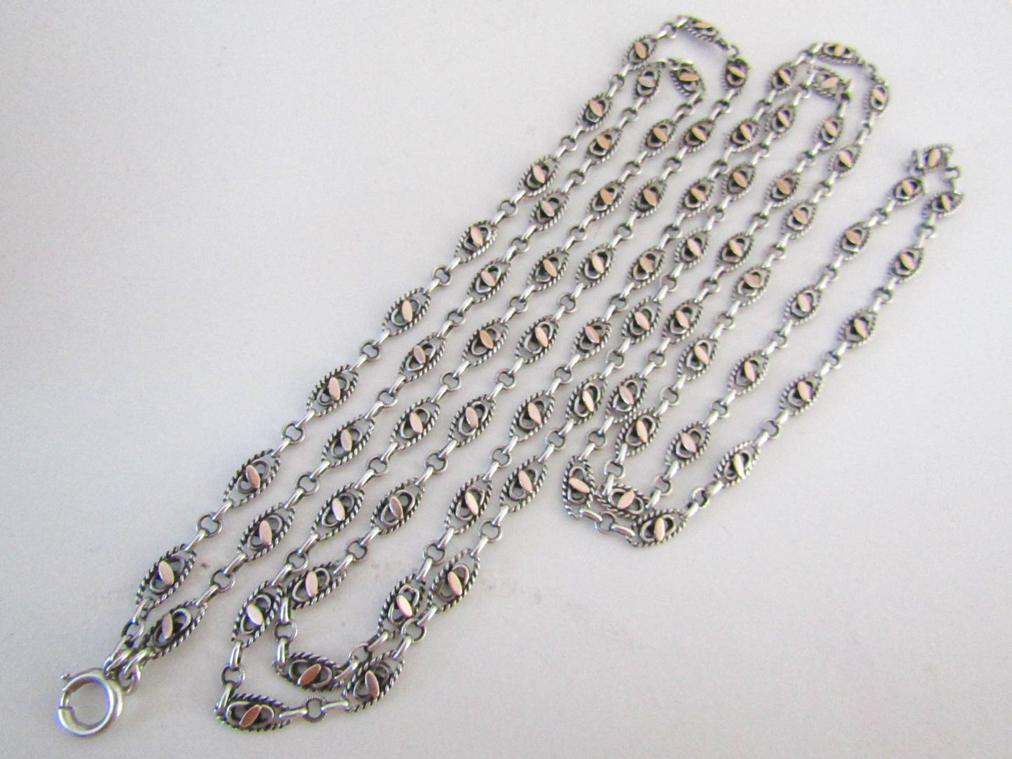 Victorian Silver and Vermeil Long Guard Chain with Hanging Bolt Ring, Antique XIX Century French Muff Chain, Gift for her