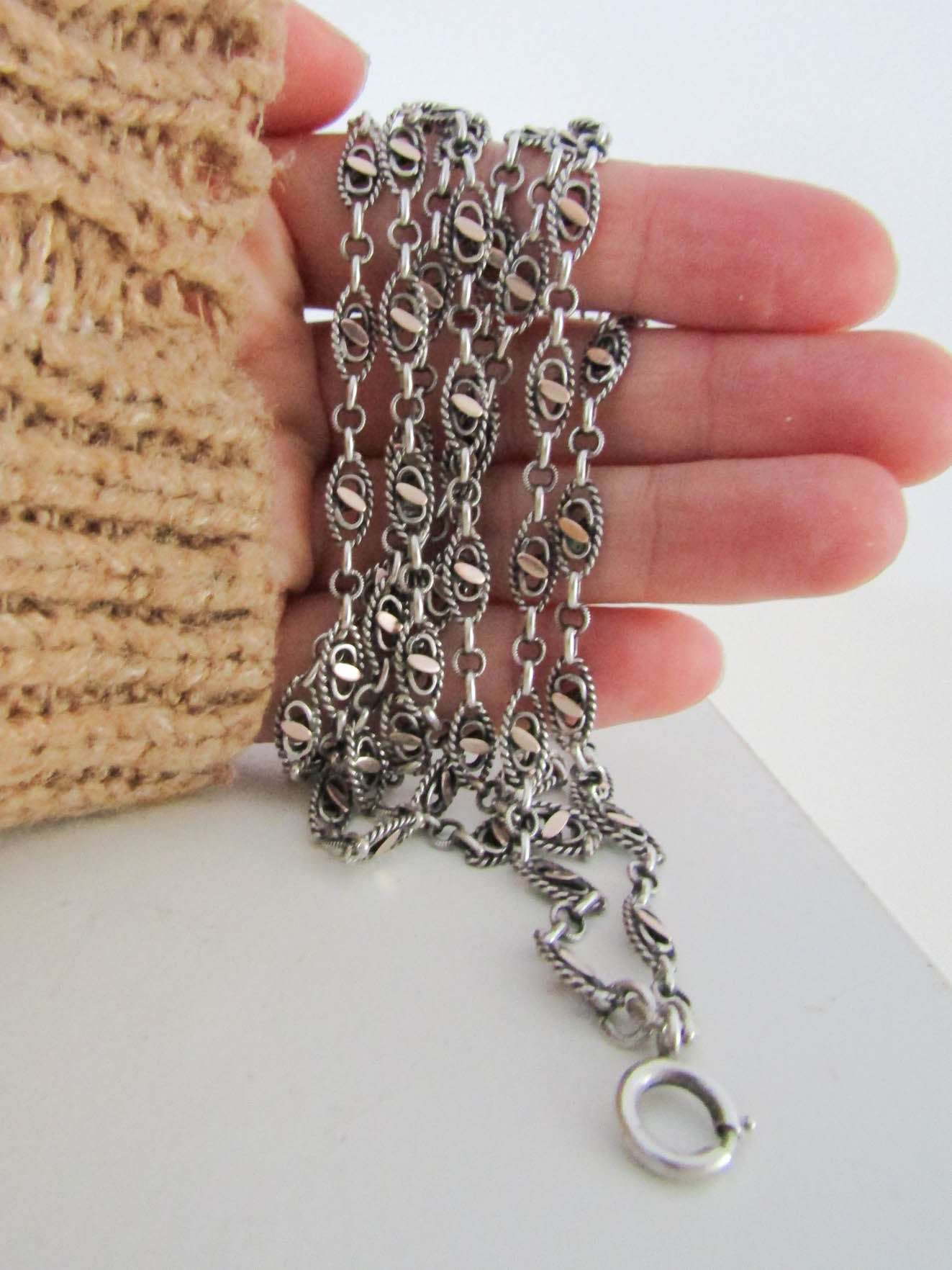 Victorian Silver and Vermeil Long Guard Chain with Hanging Bolt Ring, Antique XIX Century French Muff Chain, Gift for her