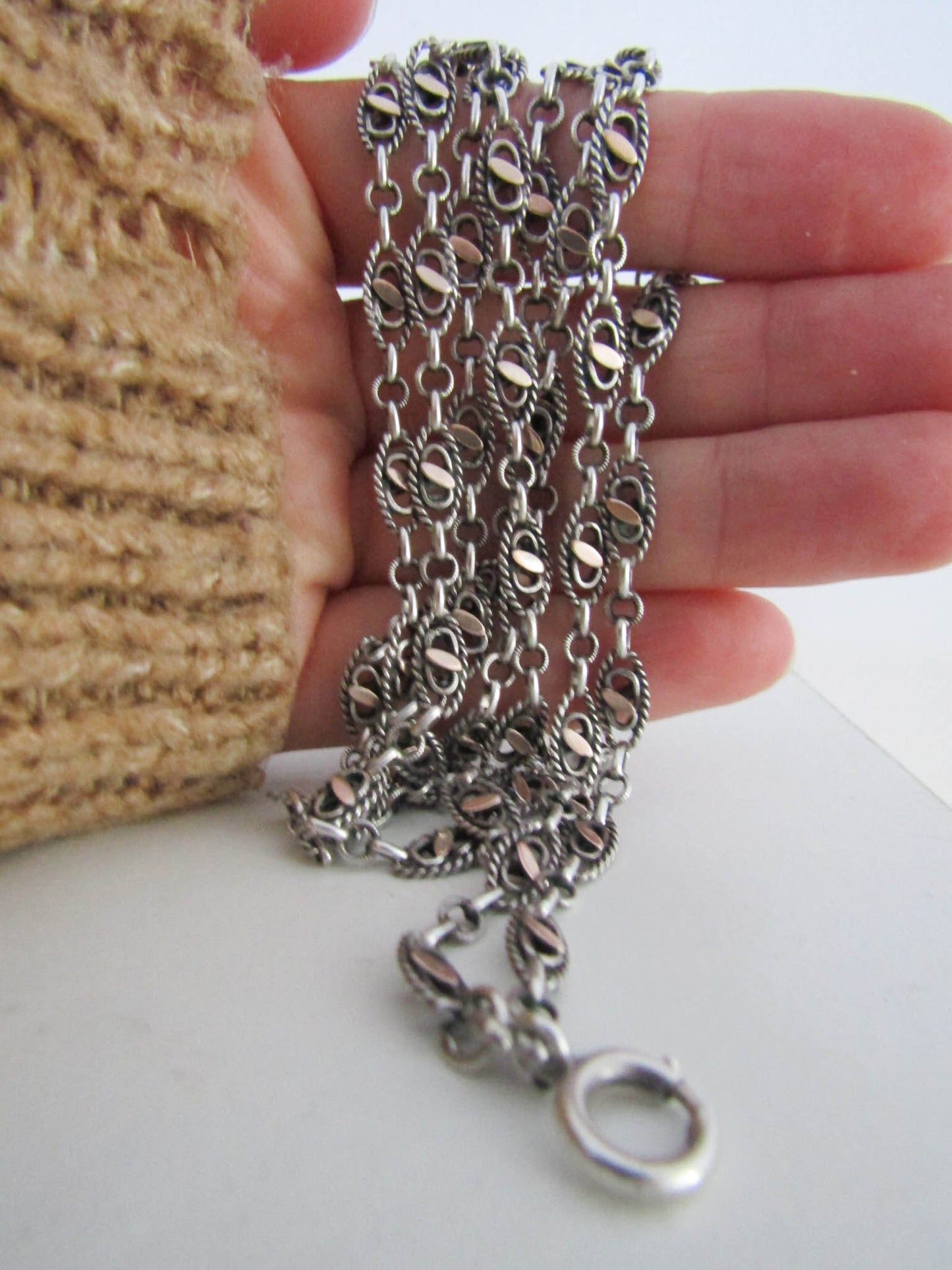 Victorian Silver and Vermeil Long Guard Chain with Hanging Bolt Ring, Antique XIX Century French Muff Chain, Gift for her