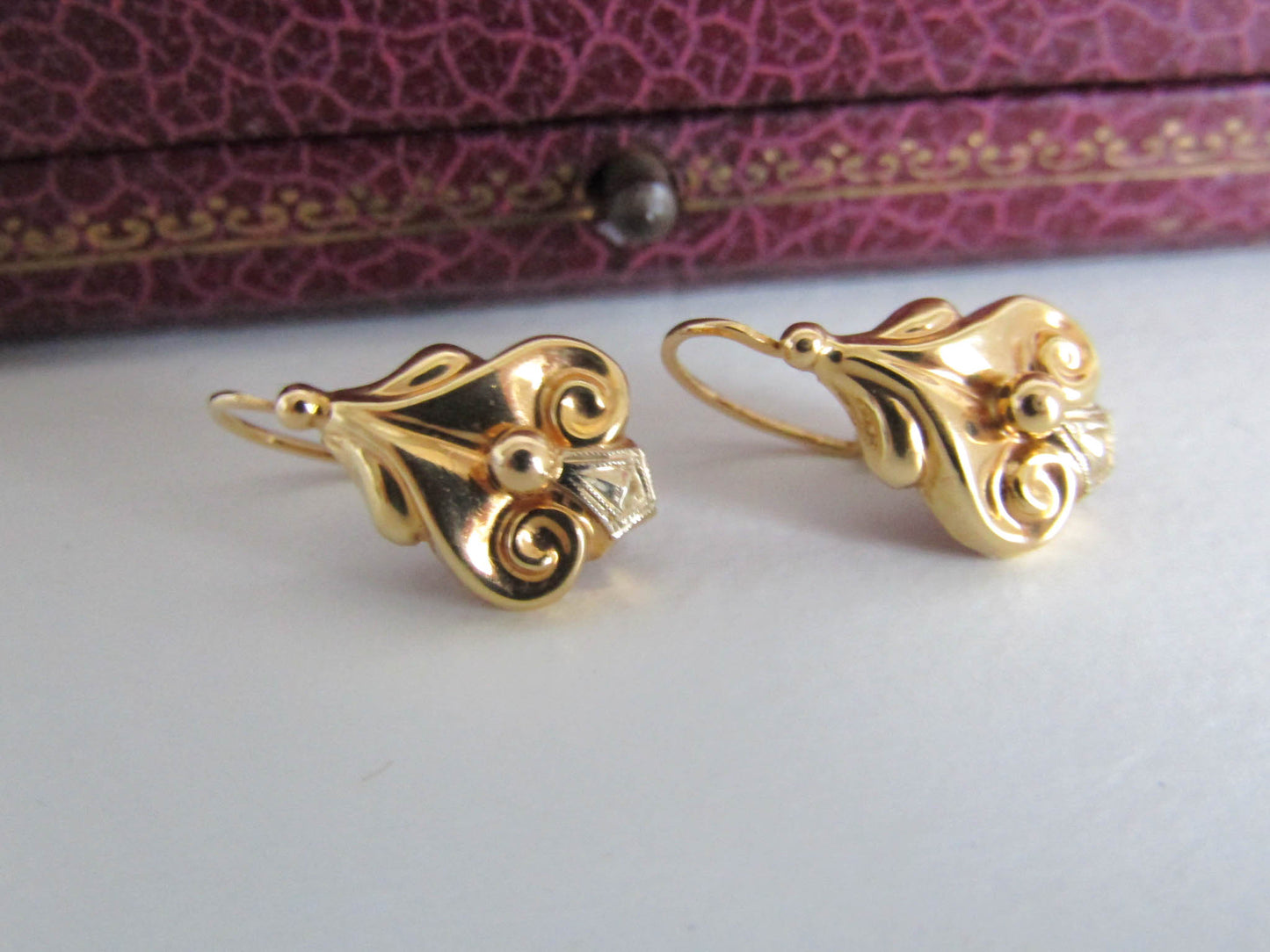 18k Gold Sleeper Earrings, Antique Art Deco French Dormeuse Drop/Dangle Earrings, Something Old