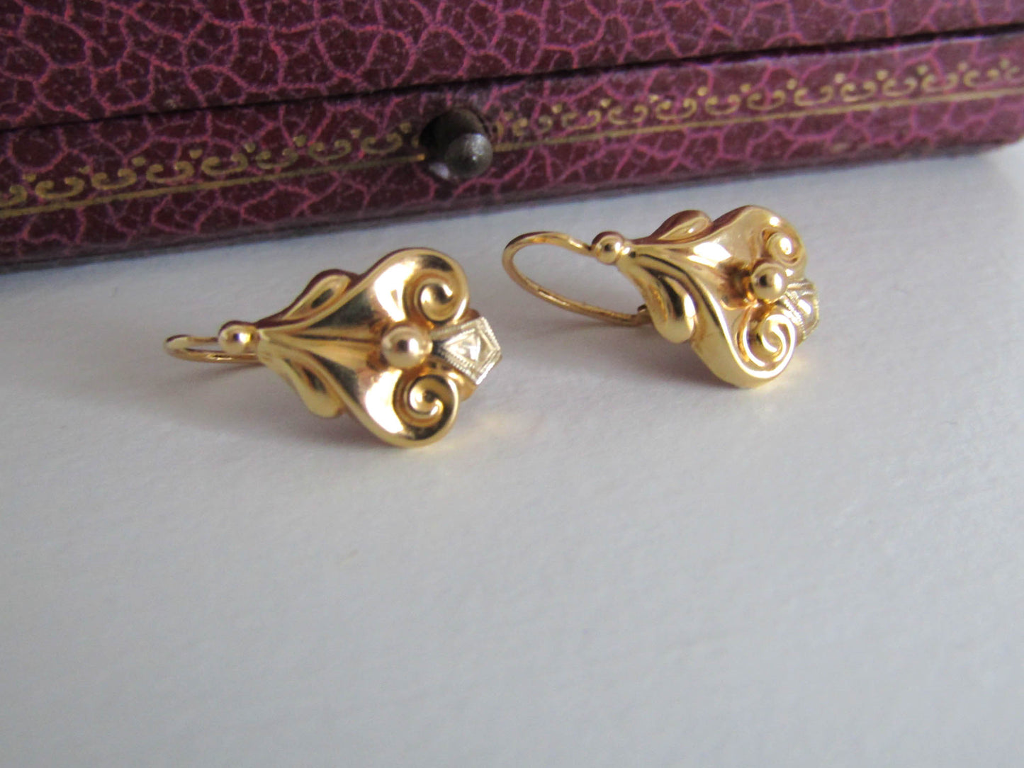 18k Gold Sleeper Earrings, Antique Art Deco French Dormeuse Drop/Dangle Earrings, Something Old