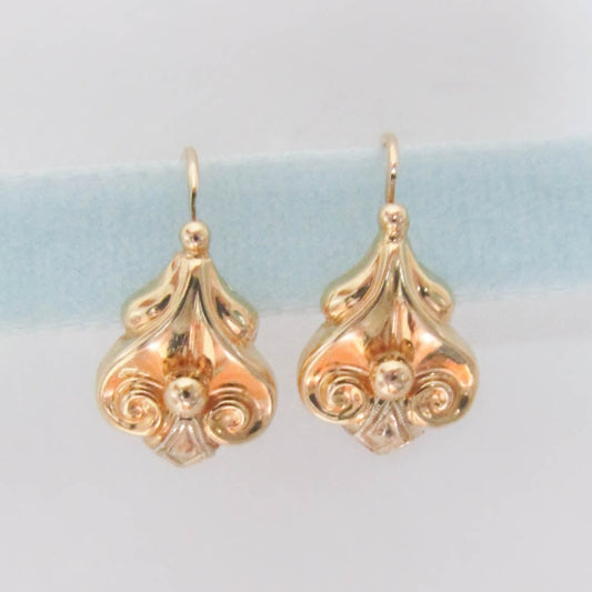 18k Gold Sleeper Earrings, Antique Art Deco French Dormeuse Drop/Dangle Earrings, Something Old