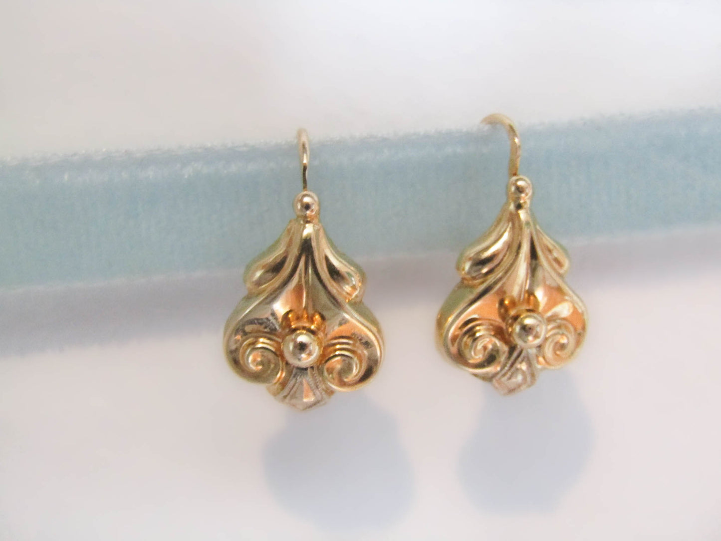 18k Gold Sleeper Earrings, Antique Art Deco French Dormeuse Drop/Dangle Earrings, Something Old