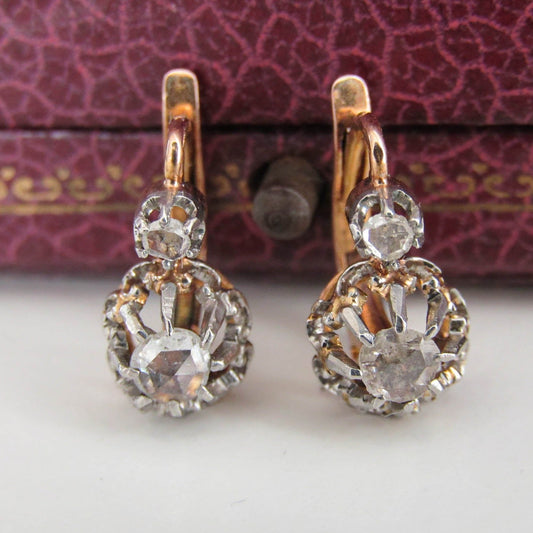 Victorian 18K Rose Cut Diamond Drop Earrings, Antique 18k French Rose Cut Diamond Earrings c. 1870