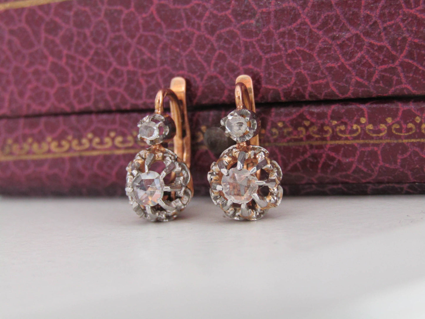 Victorian 18K Rose Cut Diamond Drop Earrings, Antique 18k French Rose Cut Diamond Earrings c. 1870