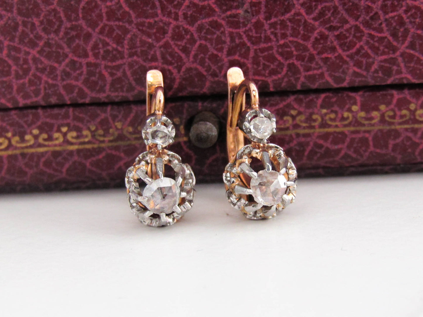 Victorian 18K Rose Cut Diamond Drop Earrings, Antique 18k French Rose Cut Diamond Earrings c. 1870