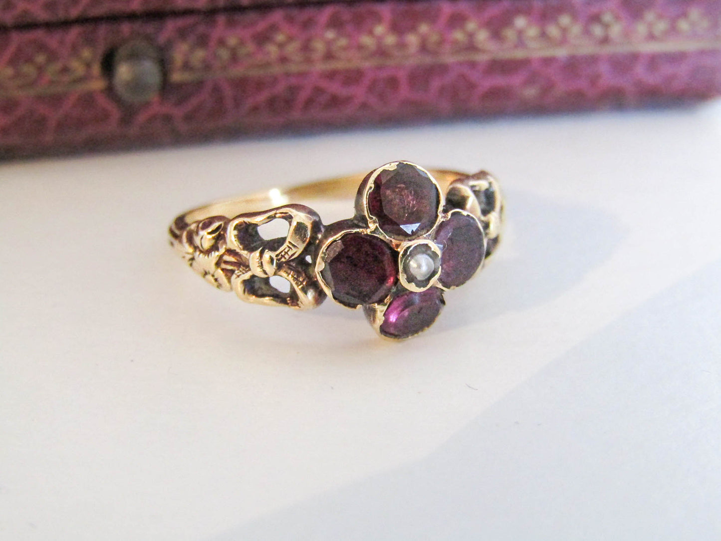 18k Flat Cut Foiled Garnet and Pearl Cluster Ring, late Georgian to Victorian Antique French 18k Gold Ring