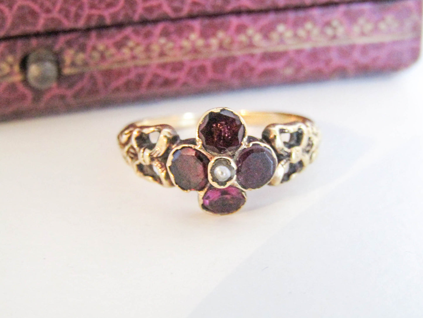 18k Flat Cut Foiled Garnet and Pearl Cluster Ring, late Georgian to Victorian Antique French 18k Gold Ring