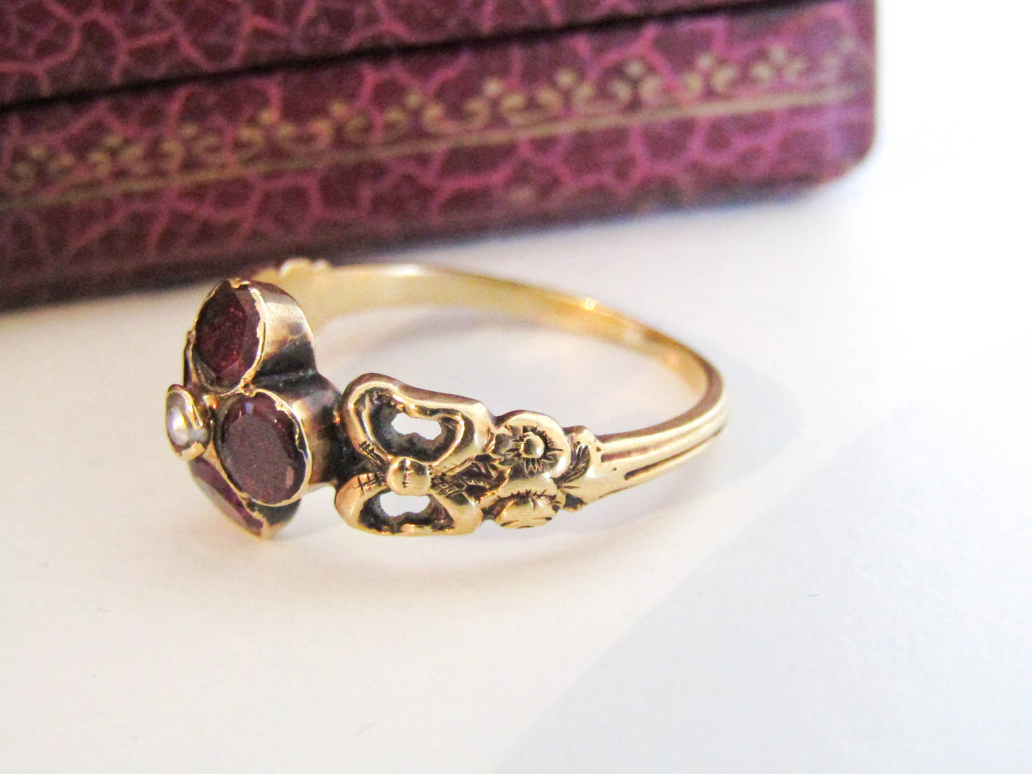 18k Flat Cut Foiled Garnet and Pearl Cluster Ring, late Georgian to Victorian Antique French 18k Gold Ring