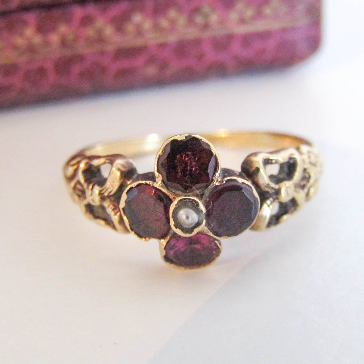 18k Flat Cut Foiled Garnet and Pearl Cluster Ring, late Georgian to Victorian Antique French 18k Gold Ring