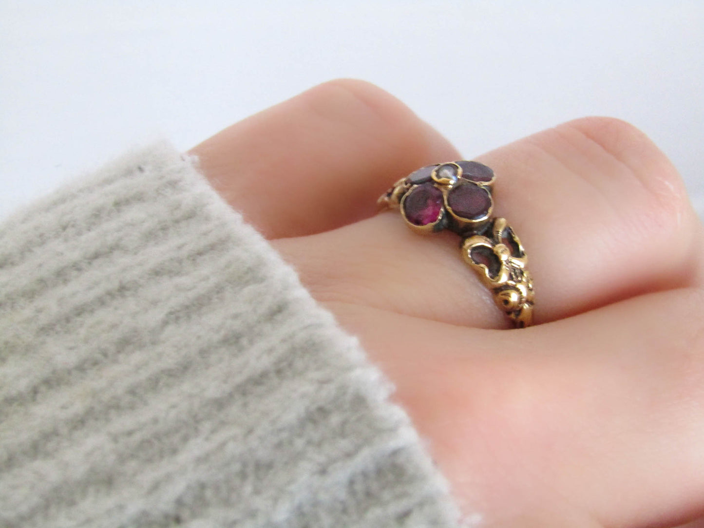 18k Flat Cut Foiled Garnet and Pearl Cluster Ring, late Georgian to Victorian Antique French 18k Gold Ring