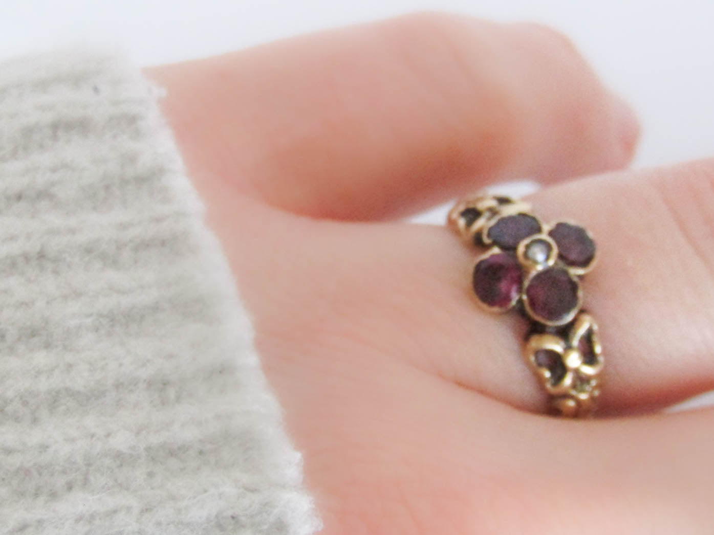 18k Flat Cut Foiled Garnet and Pearl Cluster Ring, late Georgian to Victorian Antique French 18k Gold Ring