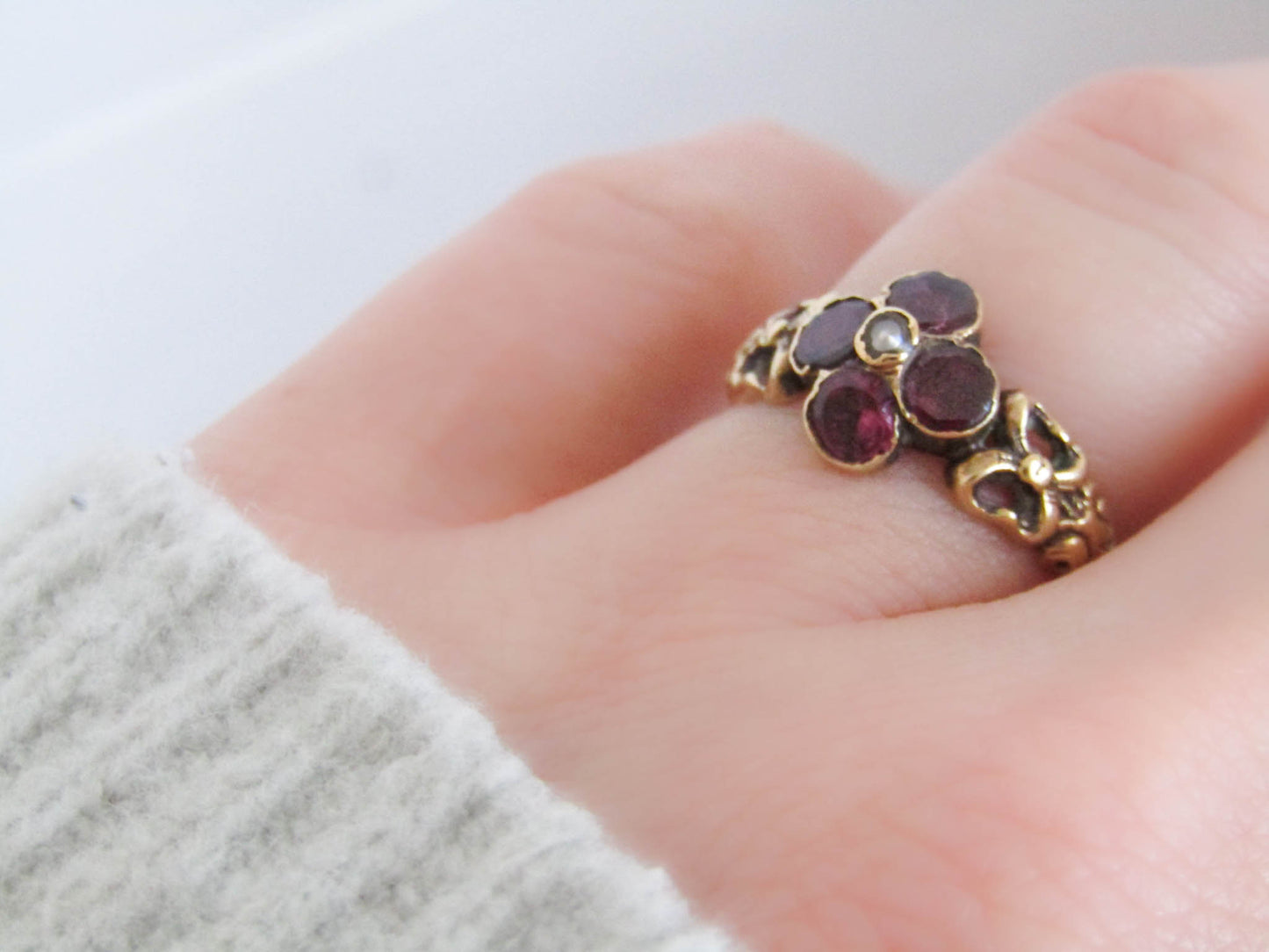 18k Flat Cut Foiled Garnet and Pearl Cluster Ring, late Georgian to Victorian Antique French 18k Gold Ring