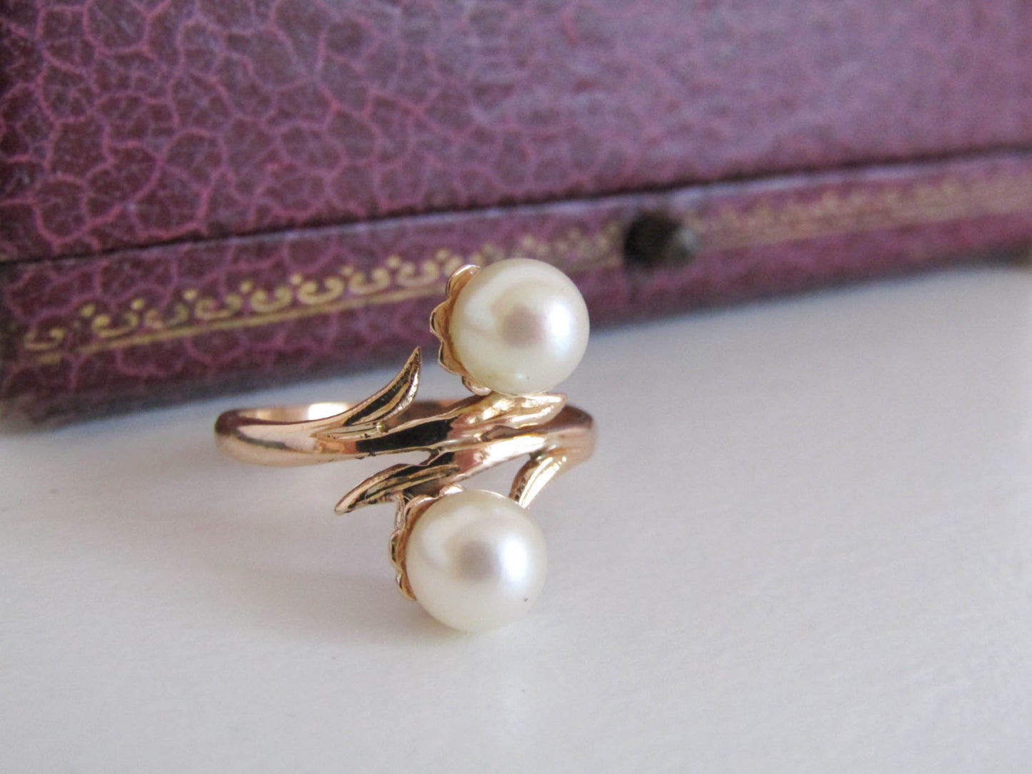 Vintage 18k French Cultured Pearl Ring, Toi et Moi Vintage Ring