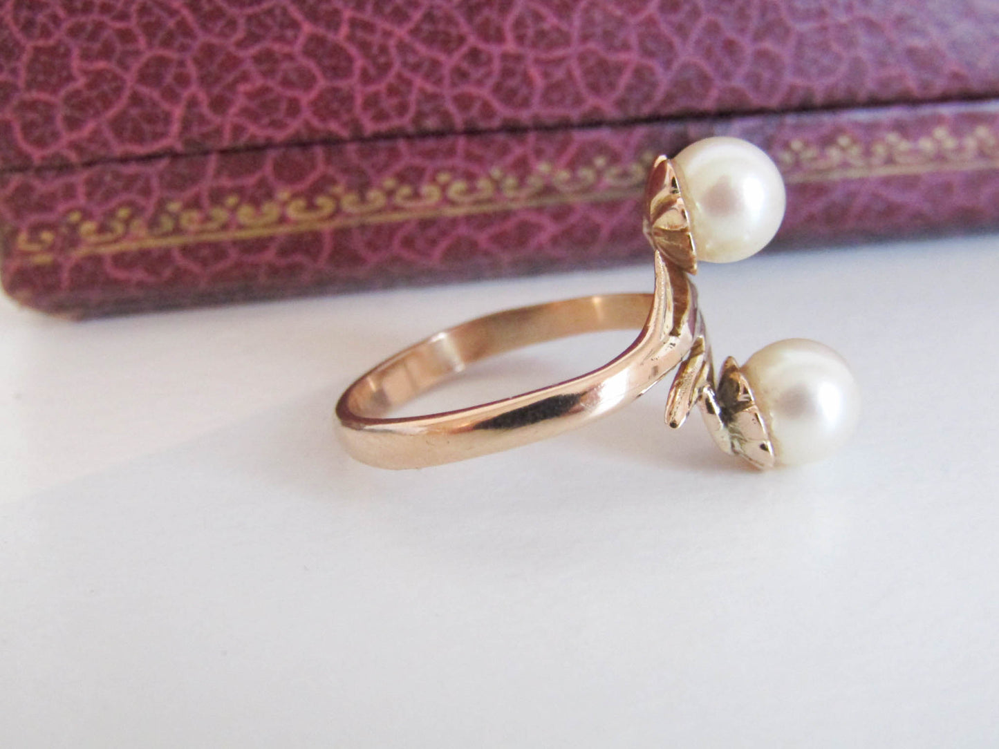 Vintage 18k French Cultured Pearl Ring, Toi et Moi Vintage Ring