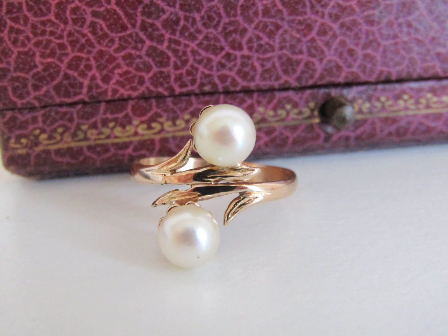 Vintage 18k French Cultured Pearl Ring, Toi et Moi Vintage Ring